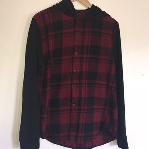 Red & black plaid long sleeve with hoodie